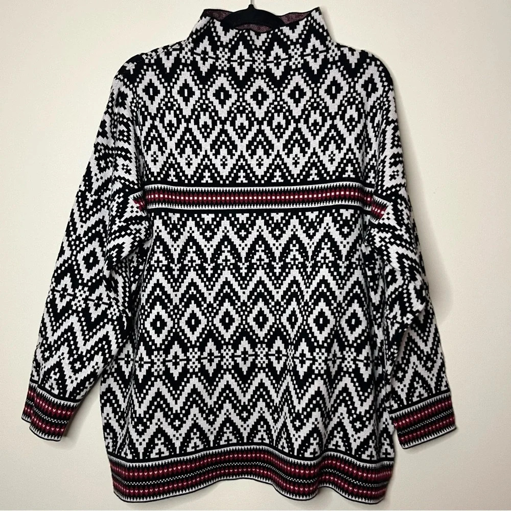 TAHARI Geometric Print Red White Cozy Mockneck Longsleeve Winter Holiday Sweater